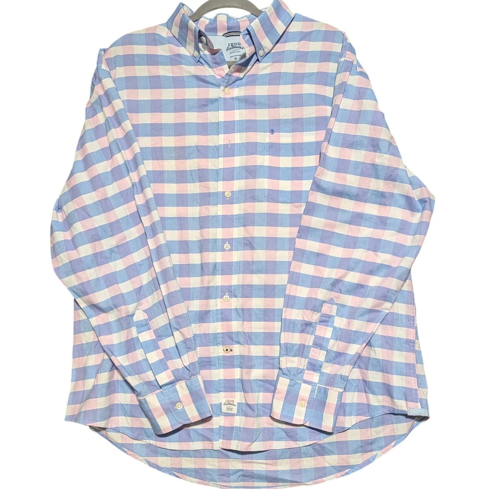 IZOD Saltwater Newport Oxford Shirt Mens XL Blue Pink Gingham Plaid Long Sleeve